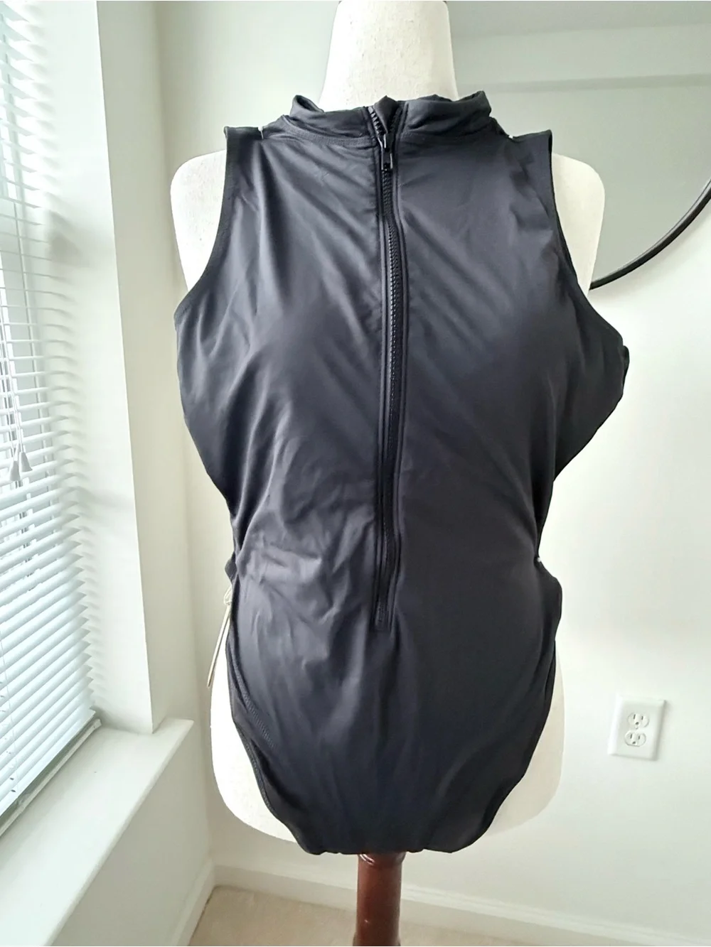 SKIMS Sleeveless Black Zip-Front Swimsuit in Color Onyx